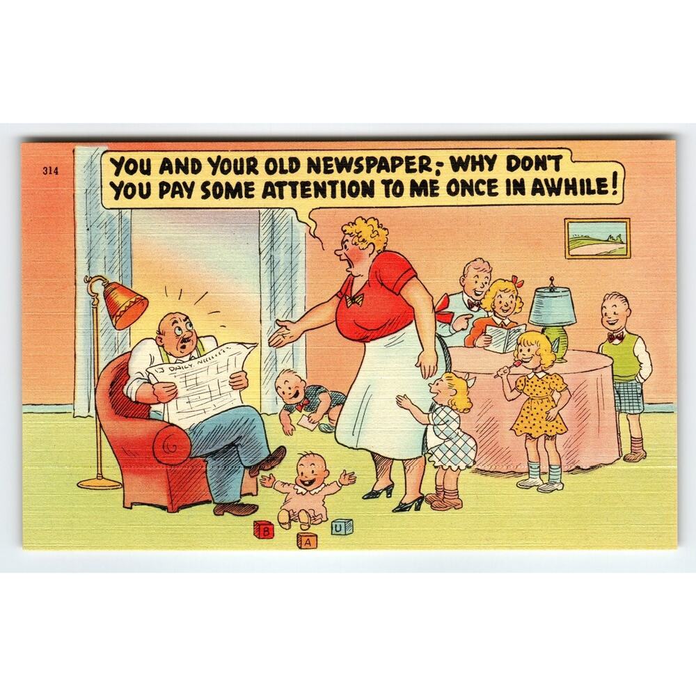 Vintage Linen Comic Postcard Family Newspaper Humor by Asheville Postcard